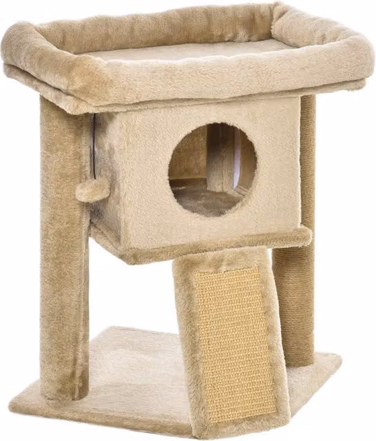 Albero per Gatti PawHut in Peluche Marrone e Beige con Casetta, Tiragraffi in Juta e Giocattoli Integrati
