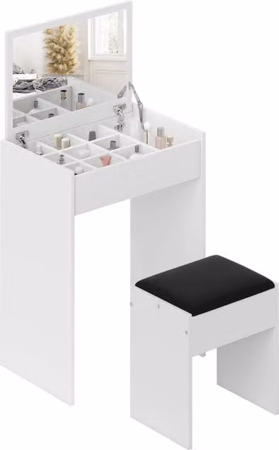 Tavolo da toletta moderno HOMCOM con specchio retrattile e sgabello contenitore, bianco e nero, L: 60.2 cm, P: 40.2 cm, H: 79 cm