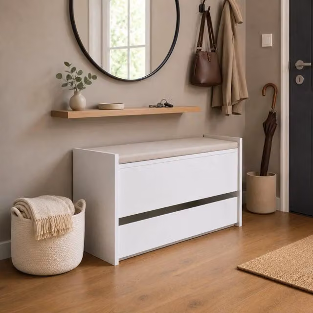 Cassapanca Contenitore THE WHITE STONE Bianca con Scarpiera e Seduta in Tessuto, L/P/H: 90 x 40 x 46 cm