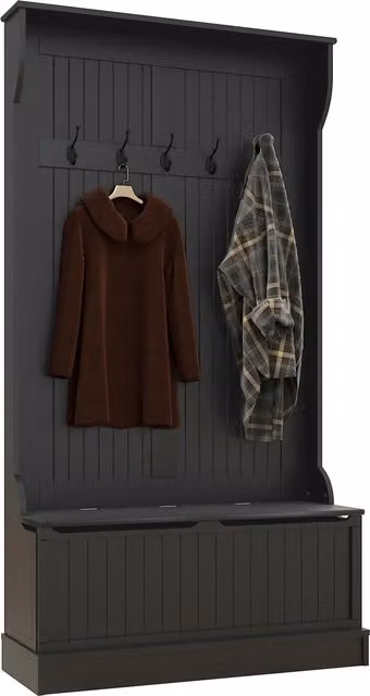 HOMCOM Attaccapanni con Panca di Archiviazione e 5 Ganci Stile Moderno Nero L: 96 cm, P: 34 cm, H: 179,7 cm