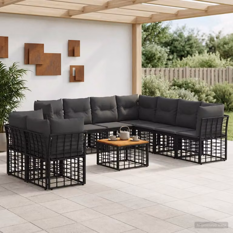 vidaXL Set di divani da esterno 10 pezzi a forma di L con tavolino, Nero e Grigio