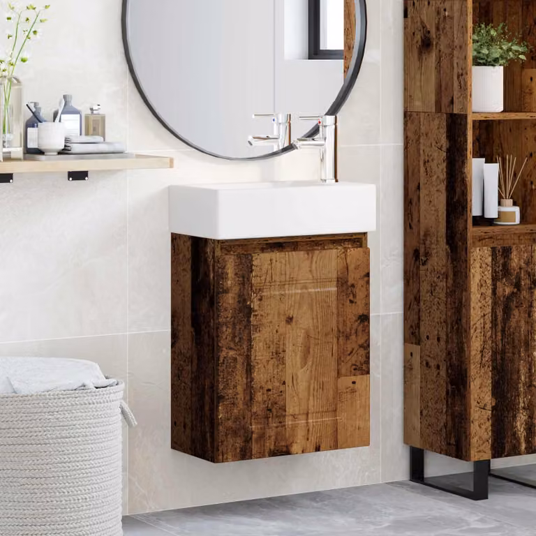 Mobile bagno con rubinetto vidaXL in legno antico, L: 45,5 cm, P: 22,5 cm, H: 84 cm