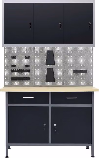 Banco da Lavoro vidaXL in Acciaio con 3 Pannelli Forati e 1 Armadietto, Regolabile in Altezza, Grigio e Nero, L/P/H: 120 x 50 x 85 cm