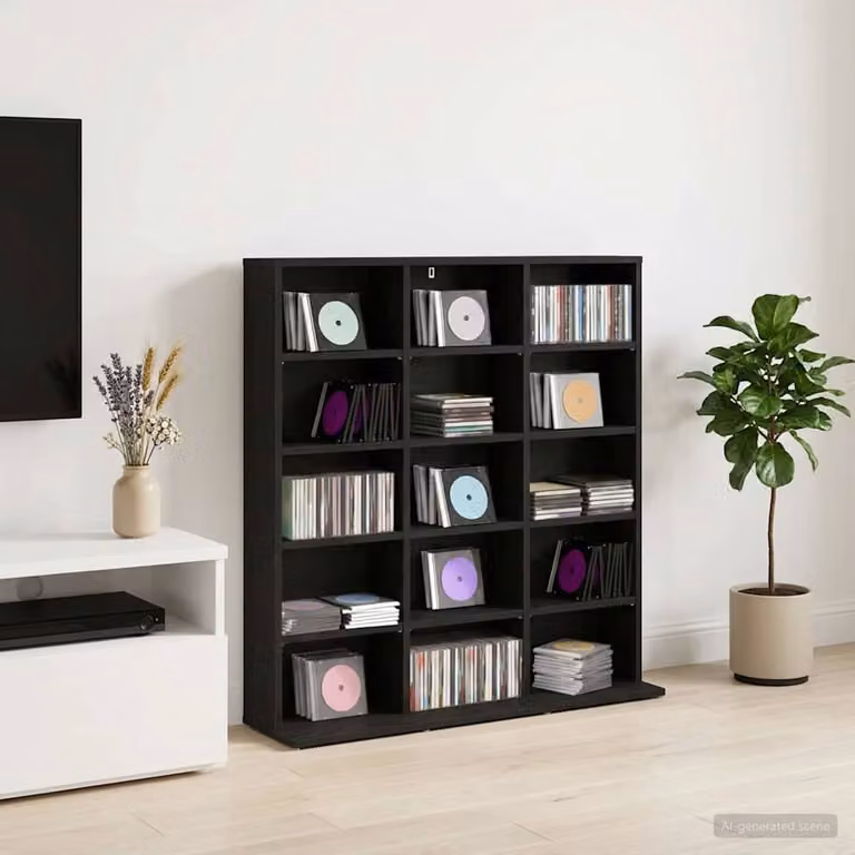 Mobile per CD vidaXL Rovere Nero con ripiani regolabili e scomparti multimediali L 96 x P 23,5 x H 97,5 cm