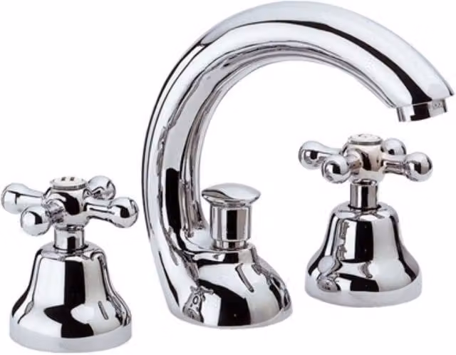 Rubinetto per lavabo a due maniglie Remer serie Liberty in ottone cromato argento con scarico pop-up