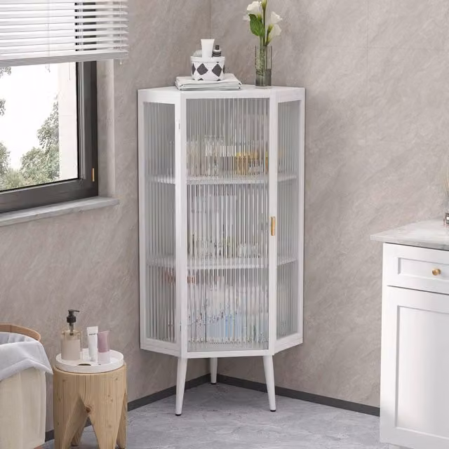 Armadietto angolare per bagno Minimal bianco con ante in vetro temperato e ripiani interni