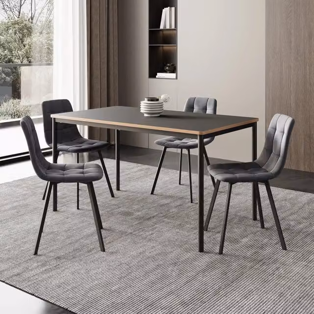 Set da Pranzo Lindesberg en.casa con Tavolo Rettangolare e 4 Sedie Imbottite - Grigio e Nero