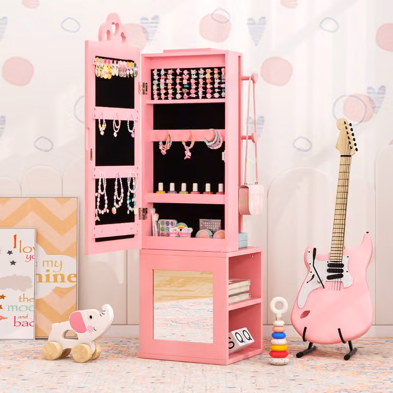 Armadio 3 in 1 Costway per bambine con specchio a figura intera e appendiabiti, colore rosa