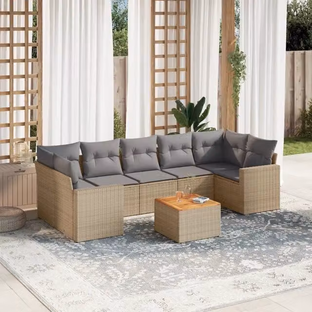 vidaXL Set Divano da Giardino 8 pz a Forma di L con Cuscini Beige e Grigio in Polyrattan e Legno di Acacia