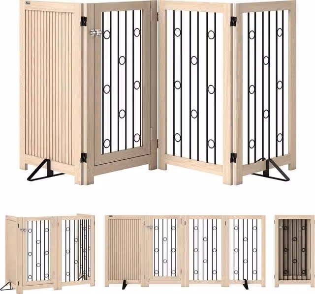 PawHut Cancelletto per Animali con Porta e 4 Pannelli per Corridoio e Scale, in MDF e Acciaio, Rovere, Aosom