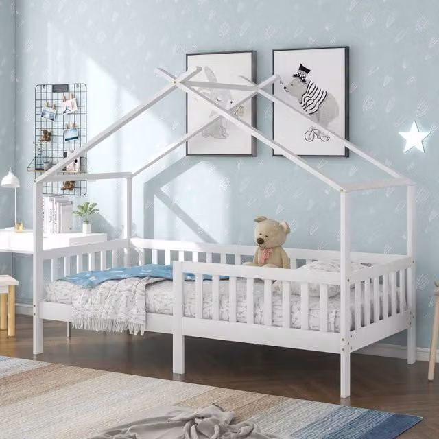 Letto per bambini moderno in legno di pino con cassetti, bianco e naturale, L/P/H: 200 x 90 x 183 cm