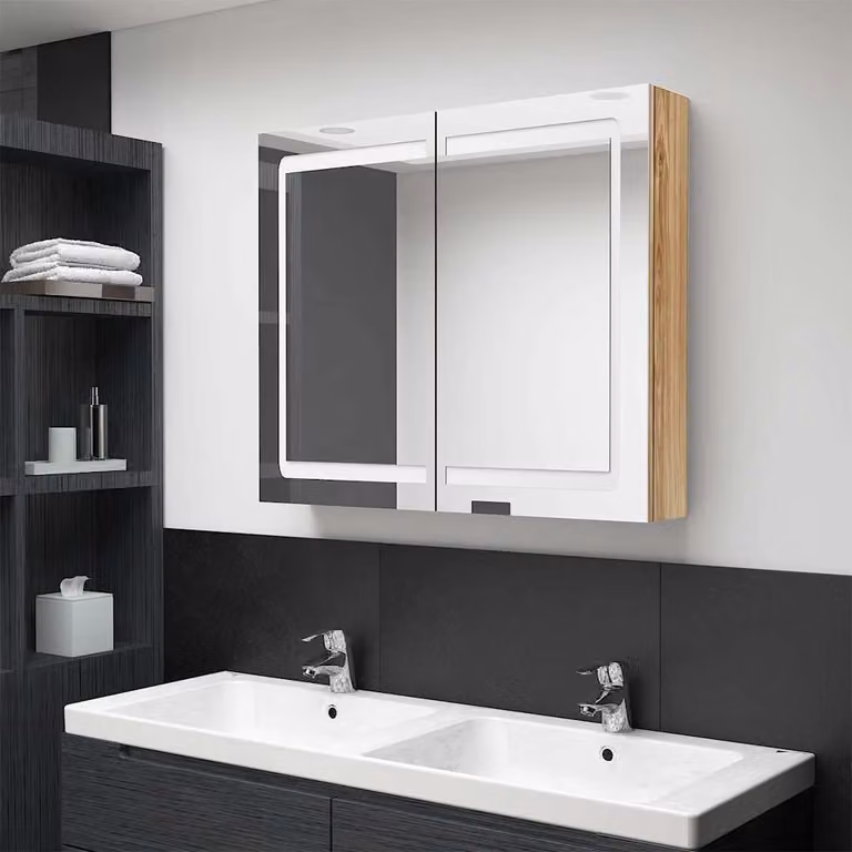 Armadietto da bagno moderno vidaXL con specchio e illuminazione LED in rovere, L 80 cm x P 12 cm x H 68 cm