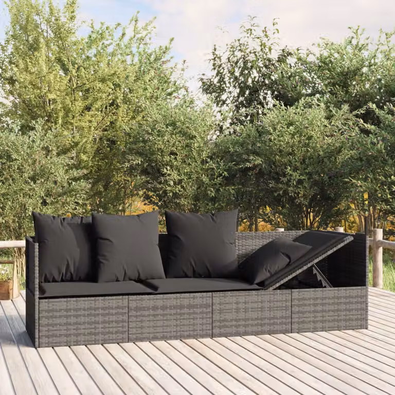 Lettino prendisole da esterno vidaXL in polyrattan grigio con cuscini e poggiatesta regolabile