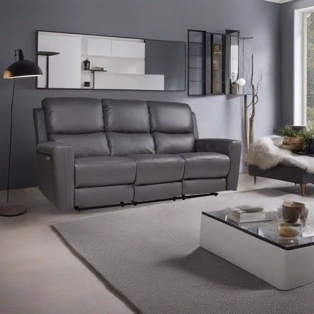 Divano Claus a 3 posti con reclinazione elettrica in vera pelle grigio scuro L: 211 cm, P: 77 cm, H: 103 cm