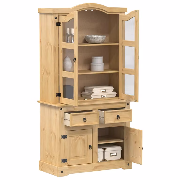 Vetrina Corona vidaXL in legno massello di pino con ante in vetro, stile rustico, colore marrone/beige, L 100 cm x P 48,5 cm x H 179 cm