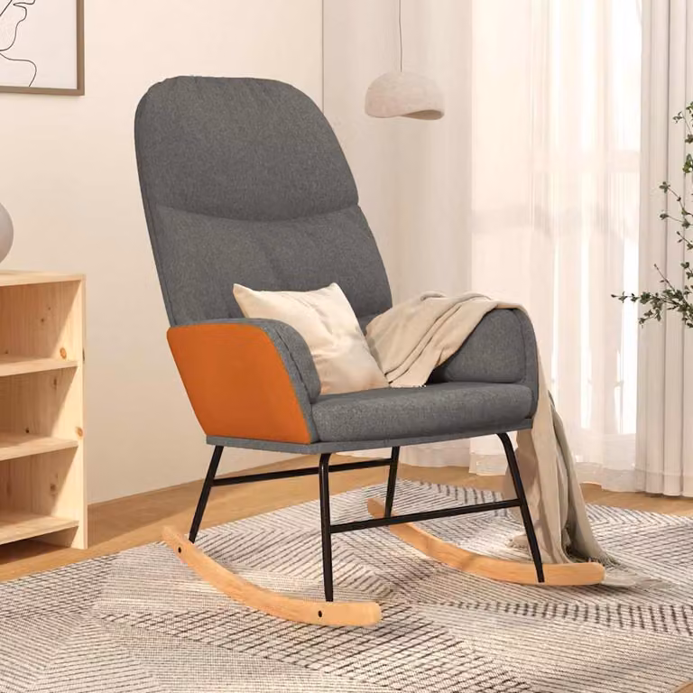 Sedia a dondolo vidaXL moderna in tessuto grigio con braccioli e struttura in legno di gomma e metallo