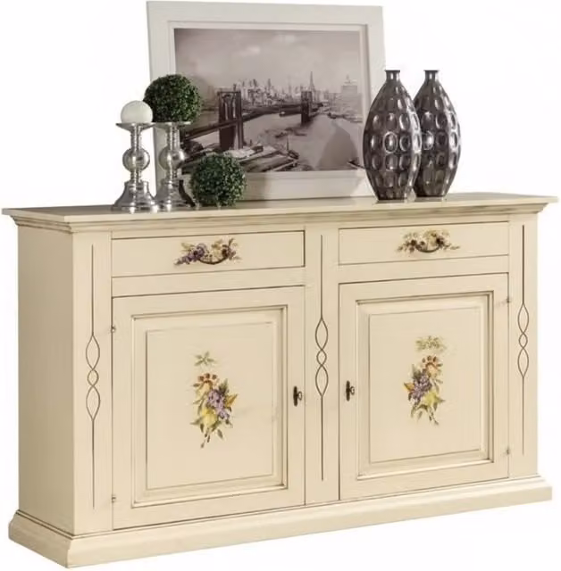 Credenza shabby chic in legno bianco con decori floreali e ante in vetro Mobili 2G L: 177 cm, P: 48 cm, H: 110 cm