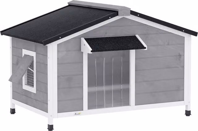 Casetta rialzata per cani PawHut in legno con tenda protettiva e 2 finestre, adatta fino a 20 kg e 80 cm, L: 109 cm, P: 79 cm, H: 72 cm, Nero, Grigio, Bianco