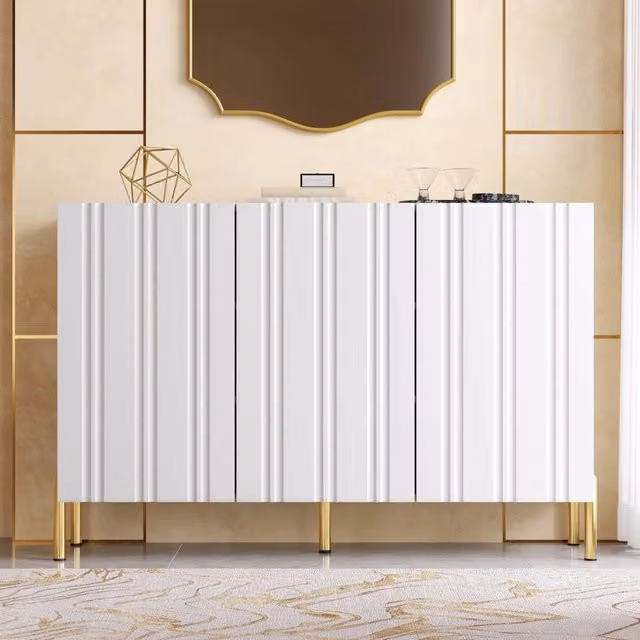 Credenza moderna bianca con ante soft close e dettagli oro, L: 120 cm, P: 35,5 cm, H: 80 cm