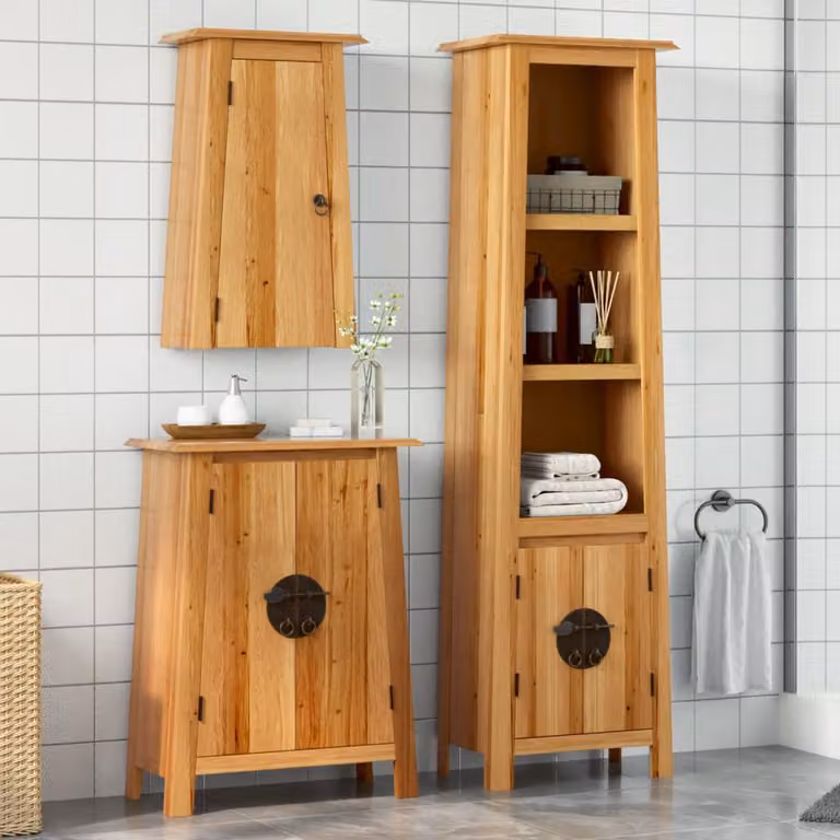 Set di mobili da bagno vidaXL in legno di pino marrone stile rustico, composto da 3 pezzi: armadio alto, mobile laterale e pensile a muro