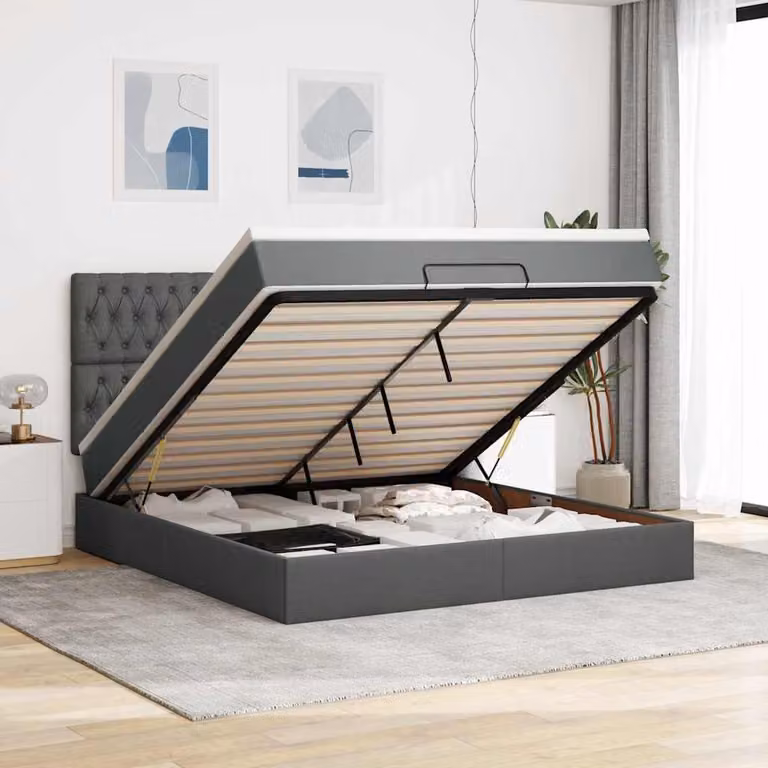 vidaXL Letto con Contenitore e Materasso in Tessuto Grigio e Bianco, L/P/H: 203 x 160 x 128 cm