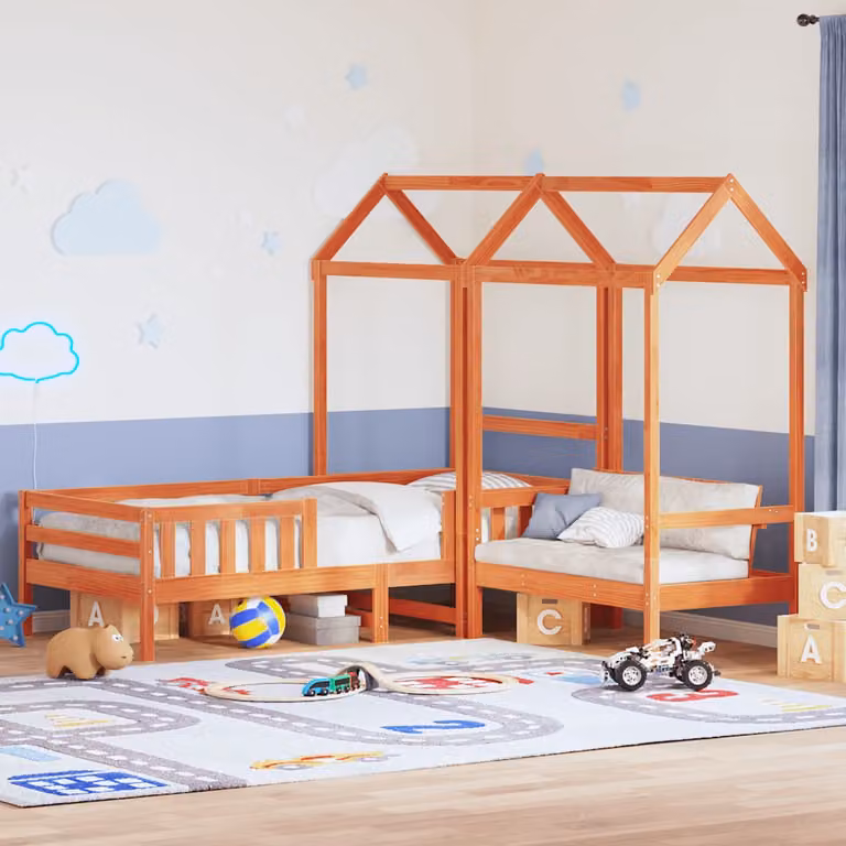 vidaXL Giroletto per bambini con panca e tetto in legno massello di pino, colore Marrone Cera, L: 195,5 cm, P: 80,5 cm, H: 220 cm
