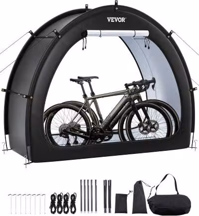 Tenda per biciclette VEVOR impermeabile con finestra ventilata, carport a forma di cupola in fibra di vetro e poliestere per 1-2 bici, colore nero, L: 170,6 cm, P: 201,1 cm, H: 79,2 cm