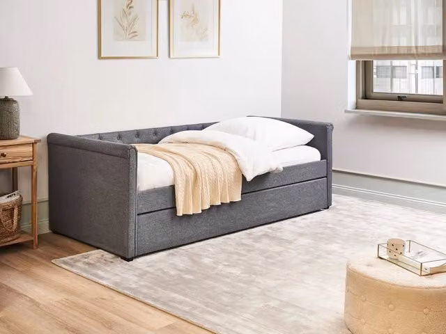 Divano letto estraibile Beliani in tessuto grigio con struttura in legno e cassetti, misura singola 90 x 200 cm