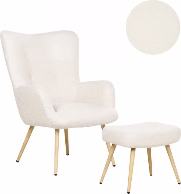 Poltrona BELIANI in tessuto bouclé beige con motivo floreale e poggiapiedi coordinato in stile retrò, L: 78.0 cm, P: 73.0 cm, H: 95.0 cm
