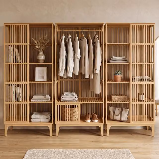 Set Organizzatore Guardaroba en.casa in Bambù Beige con 1 Armadio Aperto e 2 Scaffali L/P/H: 185 x 45 x 240 cm