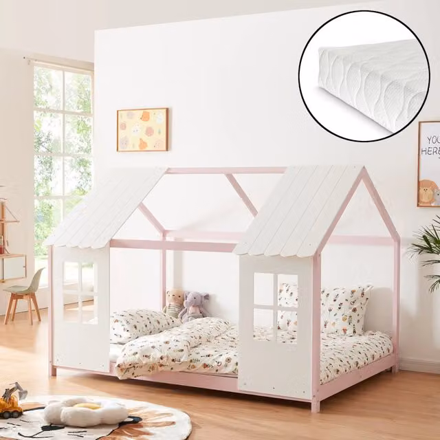 Letto a forma di casetta Tostedt en.casa per cameretta con materasso in schiuma, colore rosa e bianco, L/P/H: 200 x 120 x 127 cm