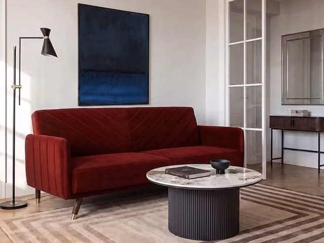 Divano Letto Click Clack Beliani in Velluto Rosso con Struttura in Legno e Poggiatesta Regolabile per Soggiorno Moderno