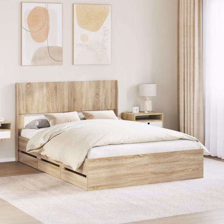 Struttura letto con contenitore e testata vidaXL in Rovere Sonoma, marrone, L: 193 cm, P: 126,5 cm, H: 100 cm
