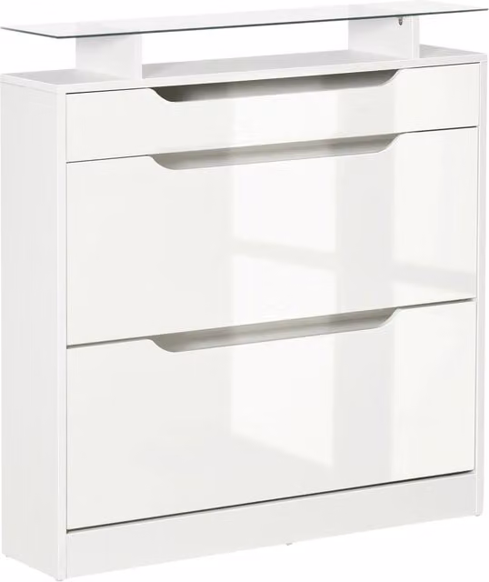 Scarpiera Zephmum con 2 Ante, Cassetto e Ripiano, Bianca Lucida, L: 89 cm, P: 23 cm, H: 96 cm