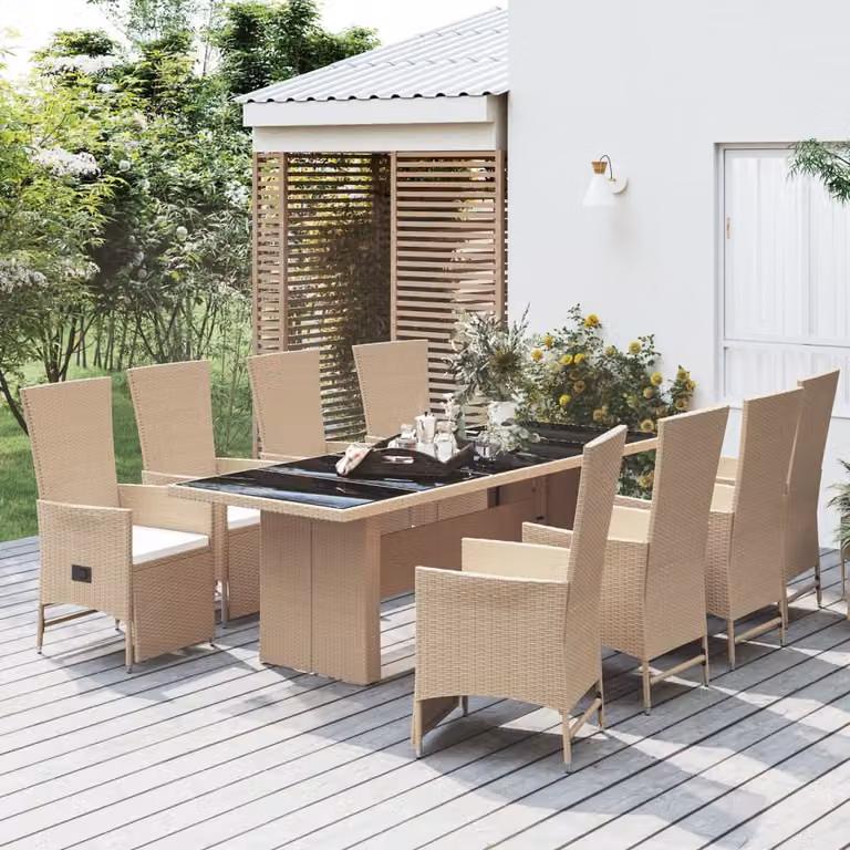 Set da pranzo da giardino vidaXL in polyrattan con tavolo in legno di acacia e cuscini beige e bianchi, 9 pezzi