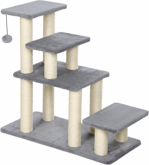 Scala per gatti PawHut regolabile con 4 gradini in sisal, gioco integrato e tiragraffi, Grigio, L 70 x P 32 x H 68 cm