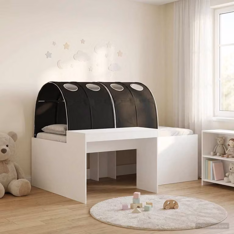 Letto alto per bambini con scrivania vidaXL in legno MDF, Bianco e Nero, L: 193 cm, P: 120 cm, H: 133,5 cm