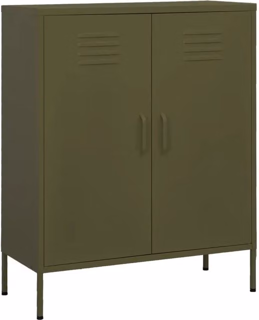 Mobile contenitore moderno in metallo verde oliva con ripiani interni e ante a battente L: 80 cm, P: 35 cm, H: 101,5 cm