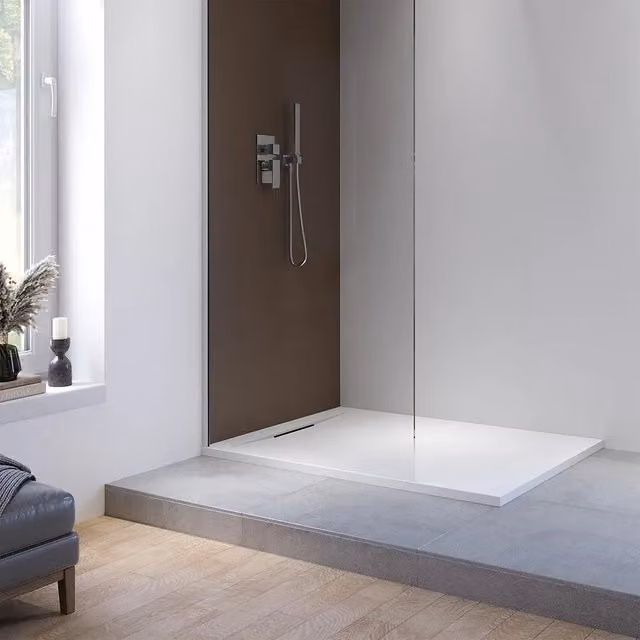 Piatto doccia rettangolare Parama in marmoresina bianca effetto pietra antiscivolo L: 90 cm, P: 70 cm