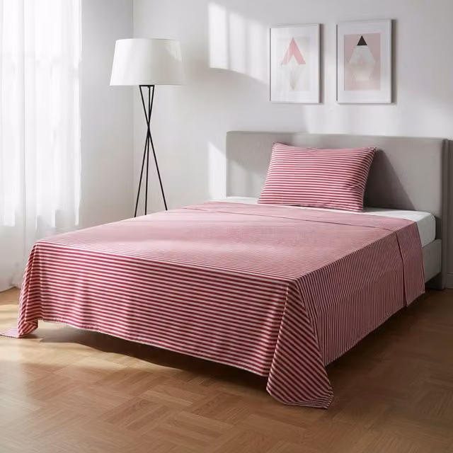 Parure letto Young KASANOVA a righe rosso in cotone per adulti, composta da lenzuolo piano e federa, dimensioni: 90x200 cm e 50x70 cm