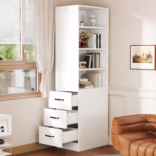 Libreria vetrina SINGULARTY bianca con ripiani regolabili e 3 cassetti, L 60 cm x P 38 cm x H 180 cm