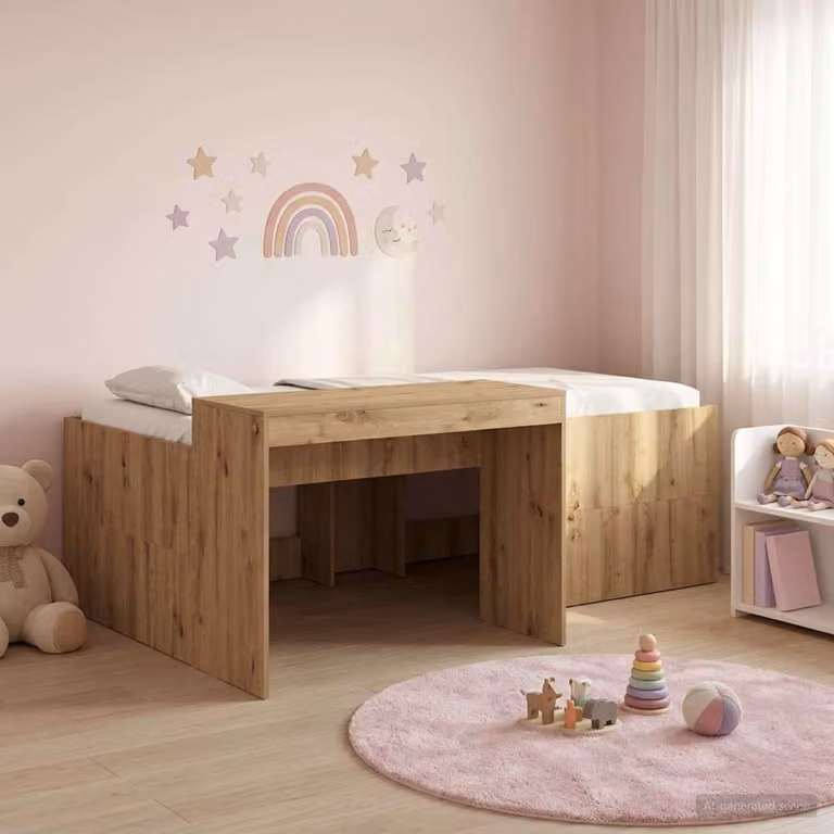 vidaXL Letto singolo rialzato per bambini con scrivania in legno color rovere marrone L/P/H: 193 x 120 x 133,5 cm