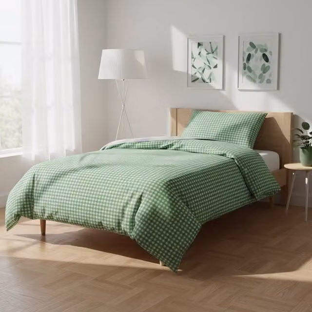 Parure copripiumino singolo Young Kasanova in cotone verde a quadretti con federa, dimensioni 90x200 cm