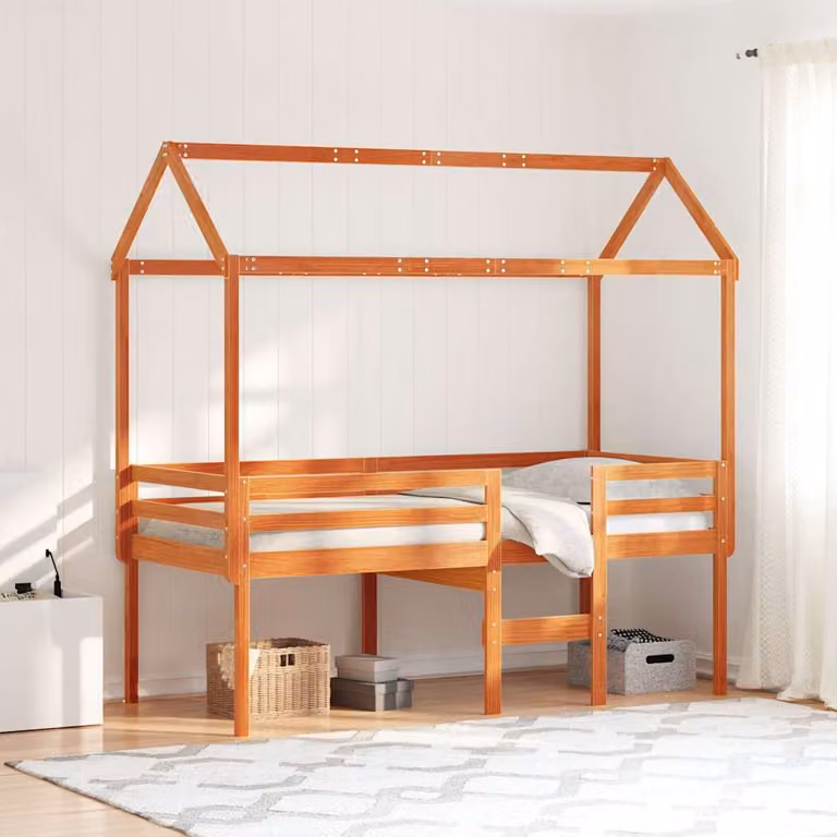 vidaXL Letto a Soppalco per Bambini con Tetto a Casetta in Legno di Pino Massello Cerato, Marrone, L/P/H: 195.5 x 90 x 159 cm