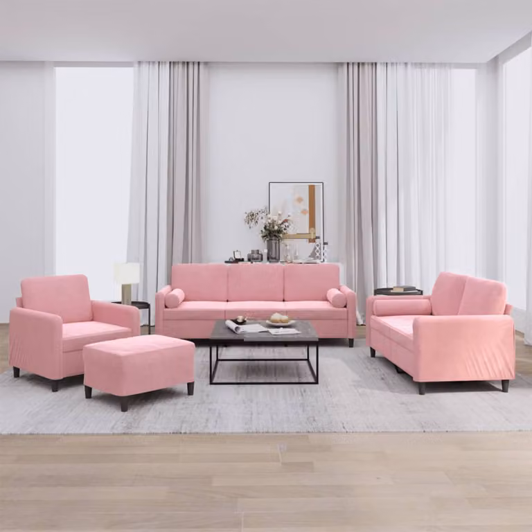 vidaXL Set di Divani 4 pz in Velluto Rosa con Cuscini e Pouf per Soggiorno
