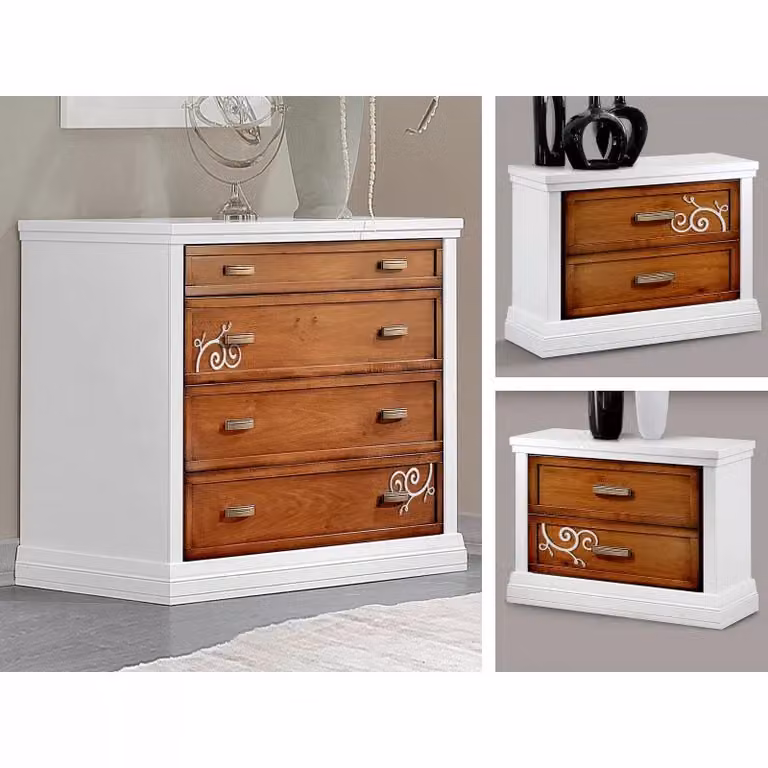 Camera completa in legno massiccio stile shabby chic bicolore bianco e noce con decorazioni a rilievo Mobili 2G