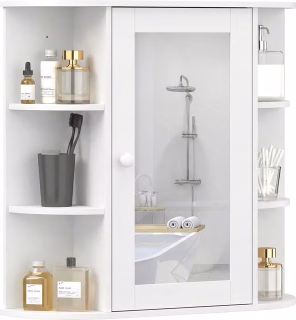 Mobiletto pensile da bagno Homcom in legno bianco con specchio e mensole, L: 66 cm, P: 17 cm, H: 63 cm