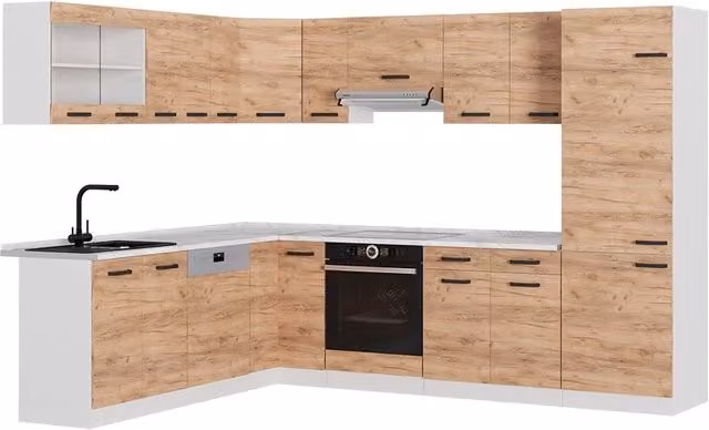 Cucina angolare moderna Vicco R-Line in rovere e bianco con ante a battente e ante in vetro