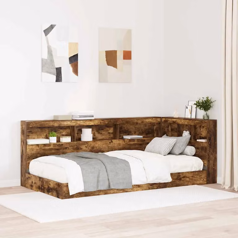 Testata del letto con contenitore vidaXL in legno ingegnerizzato e metallo, colore marrone, con ripiano integrato e porta di ricarica USB, L/P/H: 217.5 x 97.5 x 76.5 cm