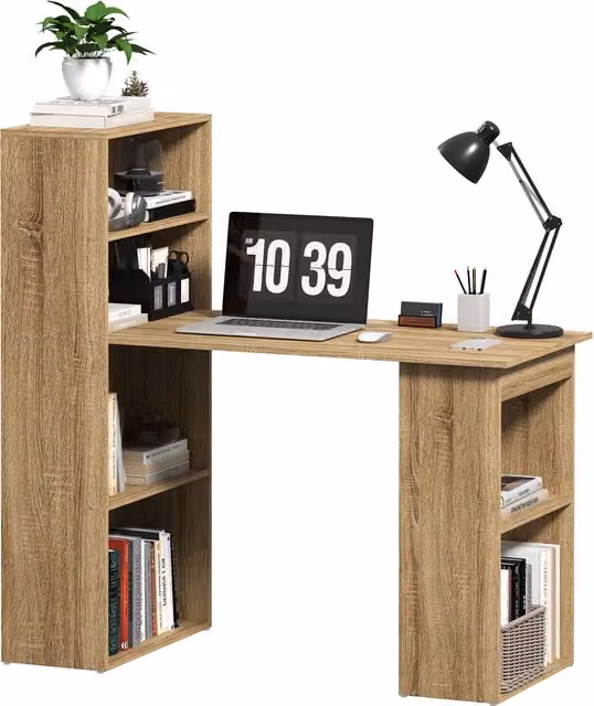 Scrivania ad angolo HOMCOM con libreria adiacente e mensola, design moderno in rovere e marrone